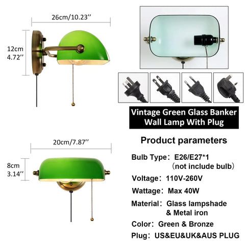 Vintage Green Glass Banker Wall Lamp with Plug dimensions and details shown