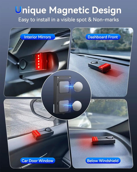 108dB Car Alarm System With Vibration Sensor And Red Light Warning Wireless Remote Anti Theft Device With Magnetic Mount Easy Install For Cars And Trucks Upgraded 4.0 Tech For Real Deal Peace Of Mind, shown on mirror and dashboard