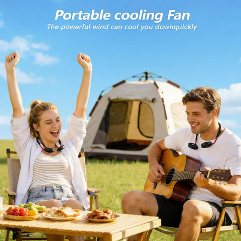 Couple using 2 Pack Neck Fan Portable Rechargeable Personal Cooling Wearable Around The Neck while camping outdoors