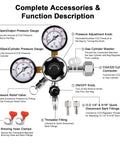 Beefy Dual Gauge CO2 Regulator For Kegerator With Heavy Duty Brass Body Safety Relief Valve CGA 320 Compatible Includes 1 Quarter Inch And 5 Sixteenth Inch Quick Disconnect Barb Connectors For Smooth Beer Taps And Stable Keg Pressure diagram with complete accessories and function description.