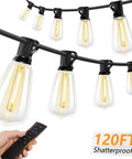 120 Foot Outdoor LED String Lights With Remote Waterproof Patio Lighting With 38 Shatterproof ST38 Bulbs shown on a patio