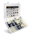Front view of a clear organizer box containing a 159-piece vacuum tubing connector set (1/8-3/8 in tees).