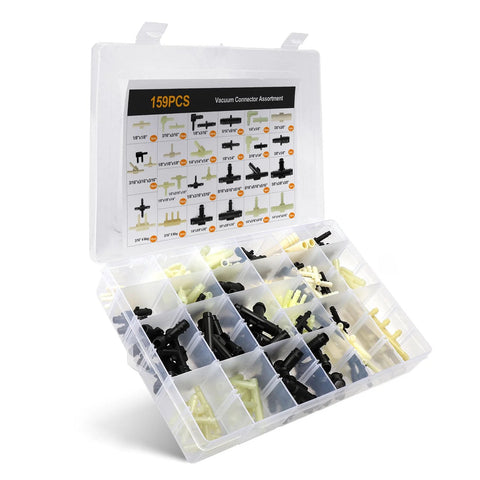 Front view of a clear organizer box containing a 159-piece vacuum tubing connector set (1/8-3/8 in tees).