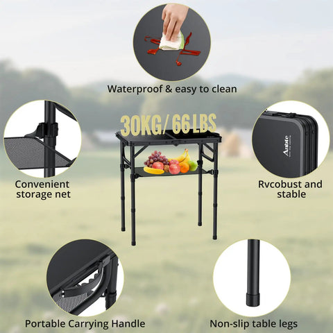 Two Foot Folding Camping Table With Storage Net Three Height Adjustable Lightweight Portable Table With Carry Handle