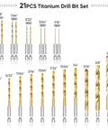 Titanium Coated Drill Bit Set 21 Pcs With Hex Shank 135 Degree Tip High Speed Steel Kit displayed with various sized bits