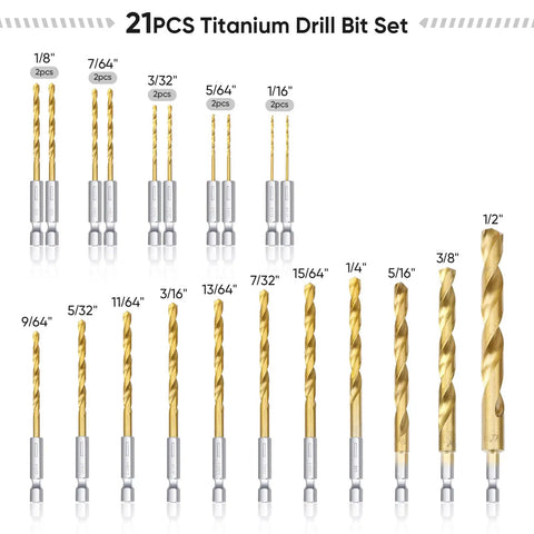 Titanium Coated Drill Bit Set 21 Pcs With Hex Shank 135 Degree Tip High Speed Steel Kit displayed with various sized bits
