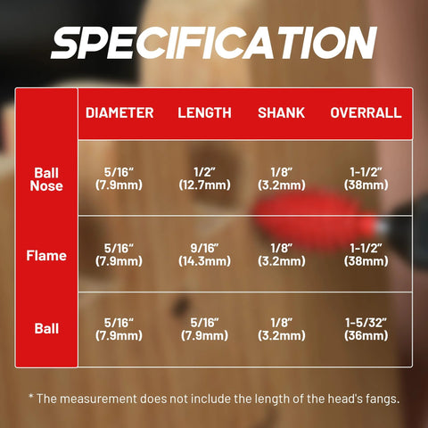 Front view: EZARC tungsten carbide rotary burr kit specification chart with ball nose, flame, and ball sizes.