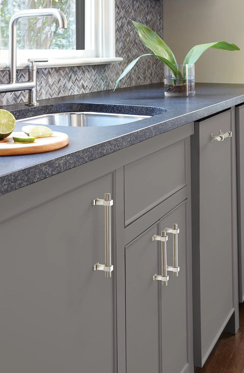 Kitchen with cabinets featuring Carrigan Polished Nickel Cabinet Pull Three And Three Quarters Inch Center To Center 96mm