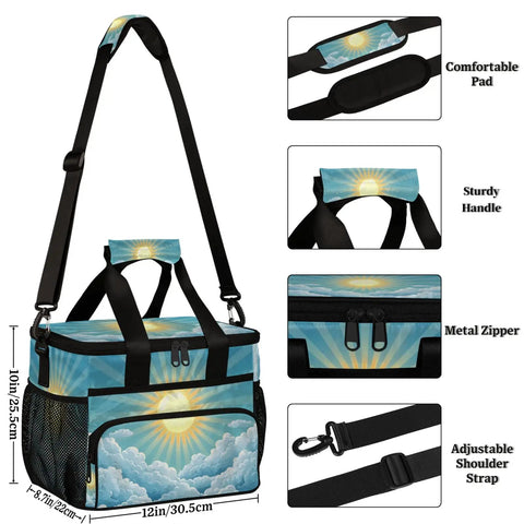 Go-To Insulated Picnic Backpack With Spacious 12x8.7x10 Inch Main Compartment with sun and clouds print design on straps and zippers