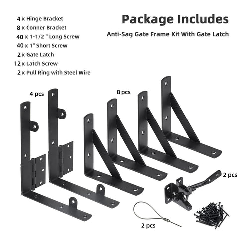 2 Sets Heavy Duty Anti Sag Gate Kit For Wooden Fence Gates With Triangular Corner Braces And Self Locking Gate Latch Rust Resistant Steel Construction