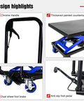 Hydraulic lift trolley chrome handle close-up on black frame
Hydraulic lift trolley thickened painted countertop top view black surface
Hydraulic lift trolley side view dual-wheel foot brake on blue steel frame
Hydraulic lift trolley installed anti-slip foot pedal black frame and pedal