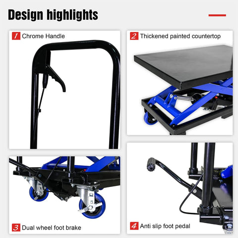 Hydraulic lift trolley chrome handle close-up on black frame
Hydraulic lift trolley thickened painted countertop top view black surface
Hydraulic lift trolley side view dual-wheel foot brake on blue steel frame
Hydraulic lift trolley installed anti-slip foot pedal black frame and pedal