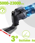 Built Different Professional Grade Corded Oscillating Multi Tool With Rock Solid 3 Amp Motor displaying oscillation angle and RPM features.