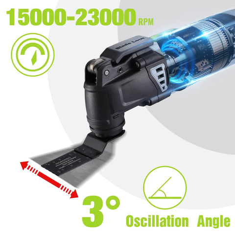 Built Different Professional Grade Corded Oscillating Multi Tool With Rock Solid 3 Amp Motor displaying oscillation angle and RPM features.