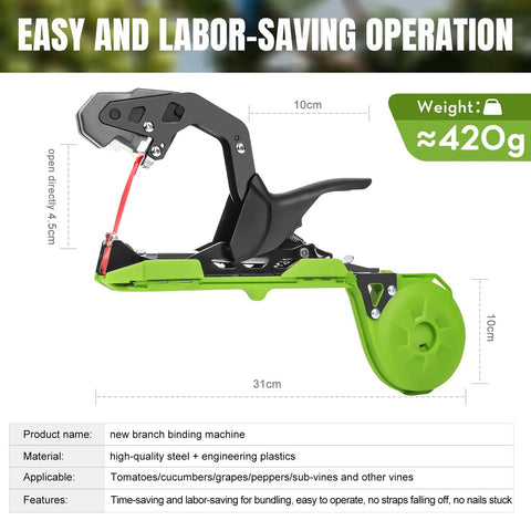 Plant Tying Machine Tapener Tool 420g with 10000 Staples and 20 Rolls Green Tape, durable metal construction, side view