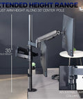 Extra Tall Dual Monitor Stand Swivels Smoothly For Screens Up To 32 Inches showing adjustable 35-inch pole height and dual monitor setup.