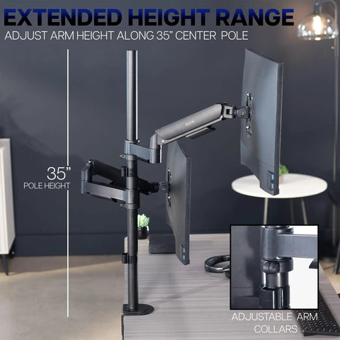 Extra Tall Dual Monitor Stand Swivels Smoothly For Screens Up To 32 Inches showing adjustable 35-inch pole height and dual monitor setup.