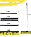 Heavy Duty 18 Inch Push Broom With Adjustable Metal Handle And Stiff Flagged Bristles showing size measurements in inches.