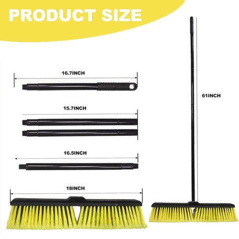 Heavy Duty 18 Inch Push Broom With Adjustable Metal Handle And Stiff Flagged Bristles showing size measurements in inches.