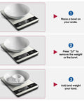 Steps to use Digital Kitchen Scale With 11Lb Capacity, LCD Display, Six Unit Modes G Kg Lb Oz Ml Milk Ml, Tare Function.