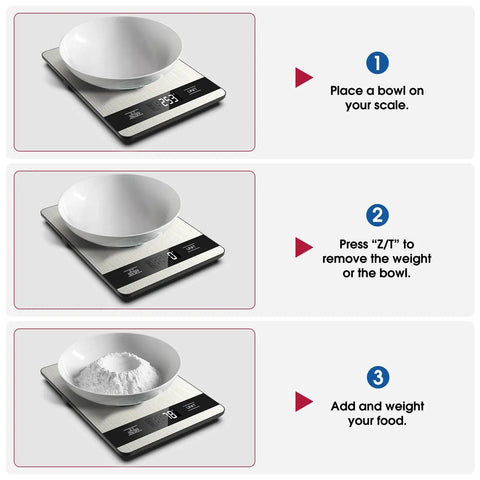 Steps to use Digital Kitchen Scale With 11Lb Capacity, LCD Display, Six Unit Modes G Kg Lb Oz Ml Milk Ml, Tare Function.