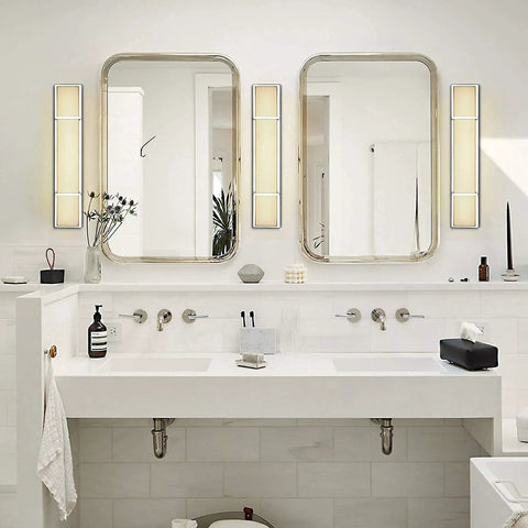 27 Inch LED Vanity Light Fixture Dimmable 28W Glass Modern Bathroom Lighting Over Mirror Wall Mount Silver Finish Warm White 3000K Sleek Energy Efficient Easy Install Contemporary Glass Shade