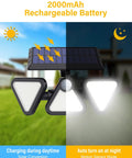 Solar Lights Outdoor Waterproof 180 LED 3 Heads Motion Sensor Flood Lights With 270 Degree Wide Angle For Front Door Yard Garage Wall 2 Pack A No Brainer For Security And Pathway Lighting showing solar charging and night auto turn on