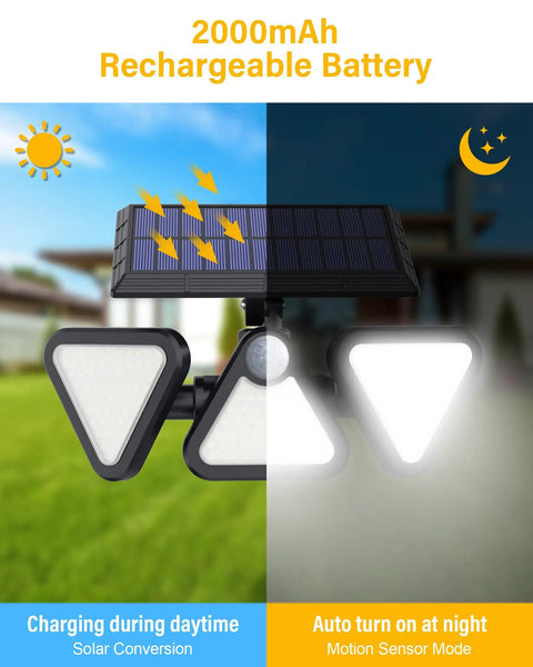Solar Lights Outdoor Waterproof 180 LED 3 Heads Motion Sensor Flood Lights With 270 Degree Wide Angle For Front Door Yard Garage Wall 2 Pack A No Brainer For Security And Pathway Lighting showing solar charging and night auto turn on