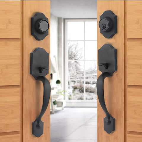 Double Door Handle Set With Dummy And Keyed Entry In Matte Black, Exterior Door Hardware With Wave Lever, Single Cylinder Deadbolt