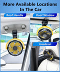 Battery Powered Clip On Car Fan For Visor And Back Seat attached to car roof handle, window, and headrest, yellow fan