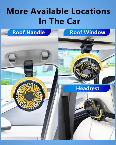Battery Powered Clip On Car Fan For Visor And Back Seat attached to car roof handle, window, and headrest, yellow fan
