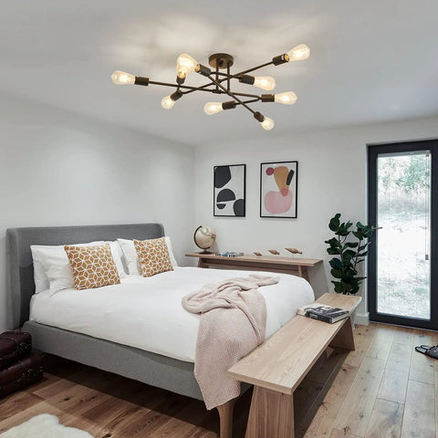 Black Semi Flush Mount Ceiling Light Fixture With 9 Lights in modern bedroom setting