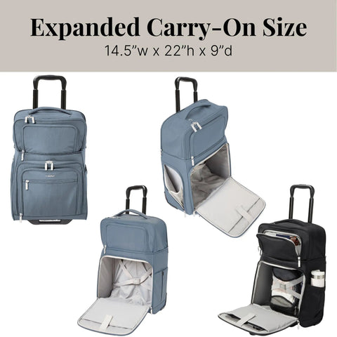 Expandable Underseat Carry On Luggage With Wheels Lightweight, shown in expanded size with compartments open and organized layout.