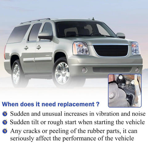 Silver SUV with inset image of a Beefed Up Engine Motor Mount With Heat Shield For 2007 To 2014 Chevy Tahoe Silverado Suburban Avalanche GMC Sierra Yukon Cadillac Escalade A5365HY OE Replacement 15854941 15854939 Black showing rubber wear.
