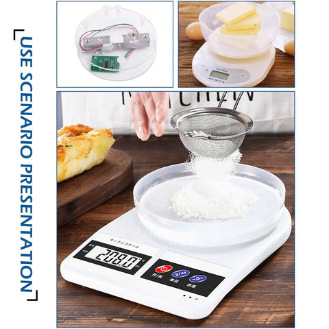 Kitchen scale with 20Kg Digital Load Cell Weight Sensor HX711 for Arduino shown in use with sifting flour for precision measurement.