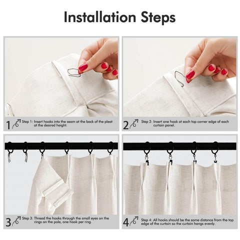 Installation steps for Pinch Pleated Linen Sheer Curtains 102 Inch Long, Two Panel Set With Ring Hooks And Clips For Track System