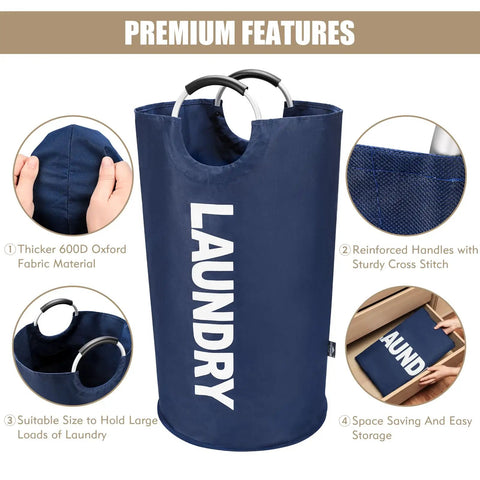 Big Ol 95L Large Collapsible Laundry Basket with freestanding tall hamper and soft grip handles, dark blue