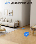 25 Ft Heavy Duty Extension Cord With Flat Plug And 8 Outlet Surge Protector USB Ports 1080 Joules shown in living room setup