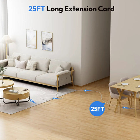25 Ft Heavy Duty Extension Cord With Flat Plug And 8 Outlet Surge Protector USB Ports 1080 Joules shown in living room setup