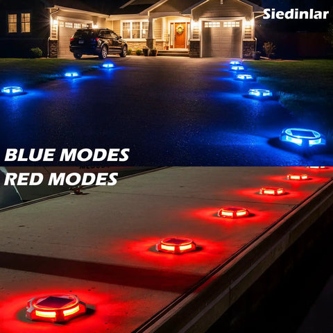 Solar Deck Lights Outdoor 12 Pack Two Modes Blue and Red Waterproof Pathway Markers illuminating a driveway and dock at night.