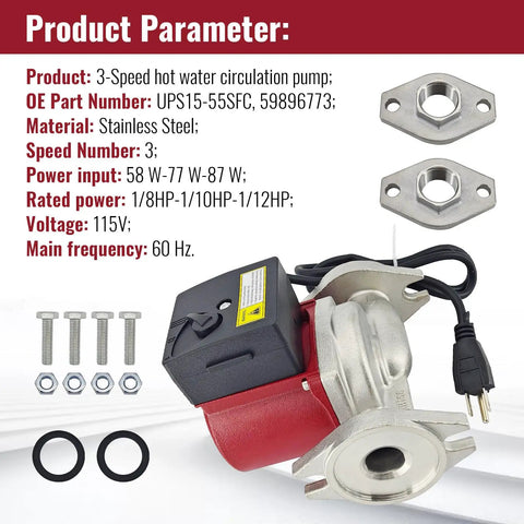 Heavy Duty Stainless Steel 3 Speed Hot Water Circulator Pump Delivering Kickin Flow Rates showing product parameters and specifications.