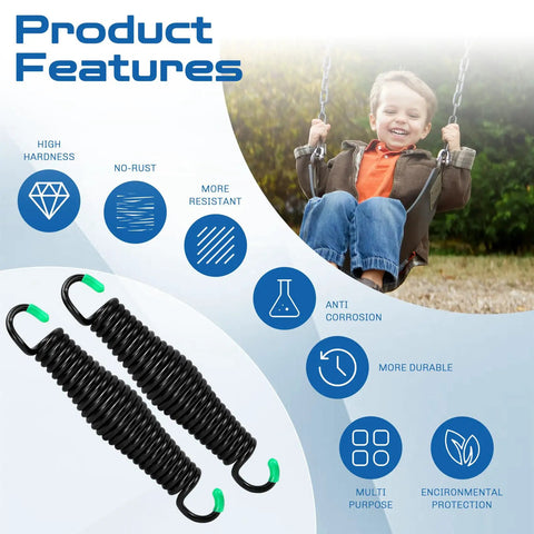 Beefy Heavy Duty Porch Swing Springs Two Pack 1300 Lb Capacity Rust Resistant Chrome Plated 304 Stainless Steel For Swing Hammock Hanging Chairs Indoor Outdoor Replacement Kit with product features and child on swing.