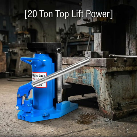 Tough As Nails Double Action Hydraulic Toe Jack delivers 20 ton top lift power with a low profile base in a workshop setting.