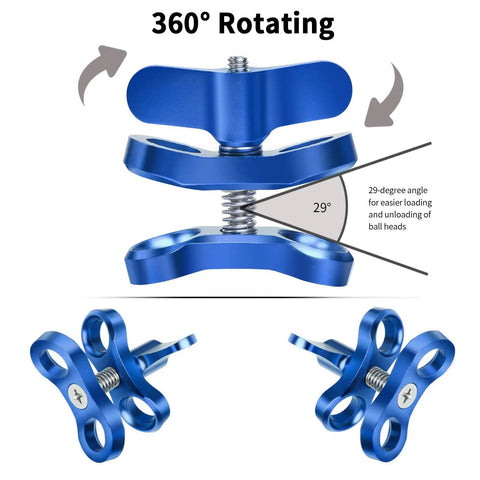 Two Hole 1 Inch Aluminum Underwater Camera Clamp Ball Mount Set showing 360° rotation and 29-degree loading angle.