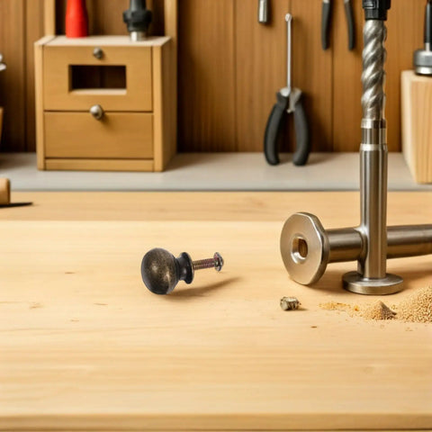 Stylish European Retro Clock Door Knobs In Antique Bronze Tone With Screws Perfect For Vintage Cabinet Hardware And Repair Projects That Give Your Space Serious Old World Charm And Sophistication. Antique bronze cabinet knob and screw on wood workbench