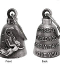 Front and back view of Motorcycle Bell With Hanger Chain Spirit Go Away Jingle Bell For Biker Magnesium Alloy Rider Accessory.