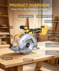 5.5 Inch Cordless Circular Saw Tool Only Compatible With DeWalt 20V Max Batteries showing features like bevel adjustment and safety lock.