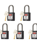 Five Black Lockout Tagout Locks Keyed Alike OSHA Compliant Safety Padlocks with keys