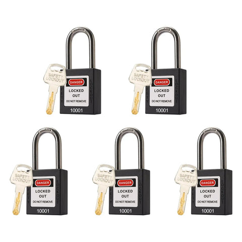 Five Black Lockout Tagout Locks Keyed Alike OSHA Compliant Safety Padlocks with keys