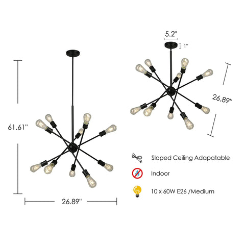 Diagram of Etris Row 10-Light Sputnik Pendant Chandelier with measurements, matte black finish, 61 inch length, E26 base, open bulb design.